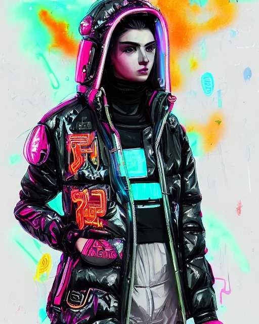 Image similar to detailed portrait Neon Operator Girl, cyberpunk futuristic neon, reflective puffer jacket, black leggings, decorated with traditional Japanese ornaments by Ismail inceoglu dragan bibin hans thoma !dream detailed portrait Neon Operator Girl, cyberpunk futuristic neon, reflective puffy coat, decorated with traditional Japanese ornaments by Ismail inceoglu dragan bibin hans thoma greg rutkowski Alexandros Pyromallis Nekro Rene Maritte Illustrated, Perfect face, fine details, realistic shaded, fine-face, pretty face