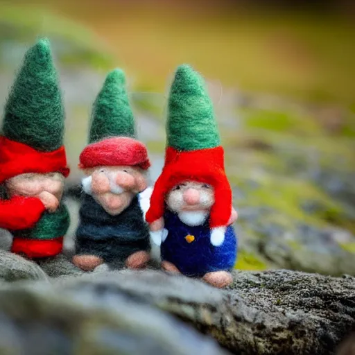 Prompt: a photography of little gnomes made out of wool on a stopmotion landscape made out of wool and yarn