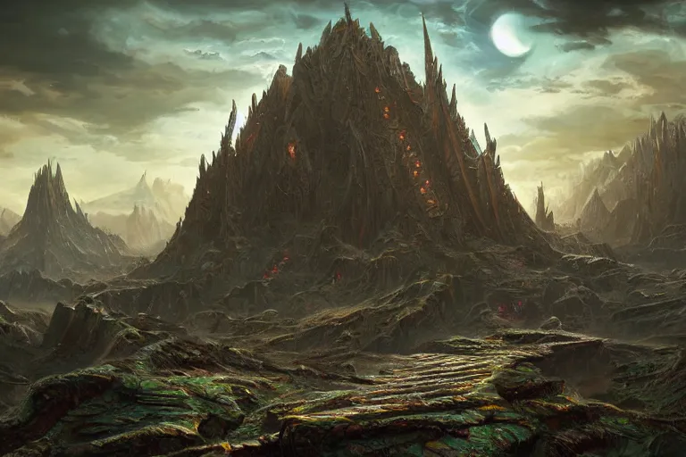 Prompt: the primordial Aztec chaos fantasy landscape by Jessica Rossier and HR Giger