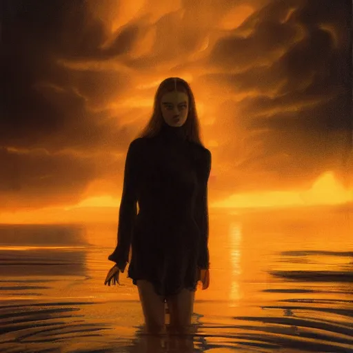 Prompt: silhouette of a Elle Fanning at sea in a storm, pitch black room, extremely detailed masterpiece, oil on canvas, low-key neon lighting, artstation, Blade Runner 2049, Roger Deakin’s cinematography, by J. C. Leyendecker and Peter Paul Rubens,