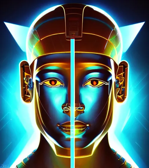 Image similar to symmetry!! egyptian god of technology, solid cube of light, hard edges, product render retro - futuristic poster scifi, lasers and neon circuits, brown skin handsome egyptian god, intricate, elegant, highly detailed, digital painting, artstation, concept art, smooth, sharp focus, illustration, dreamlike, art by artgerm