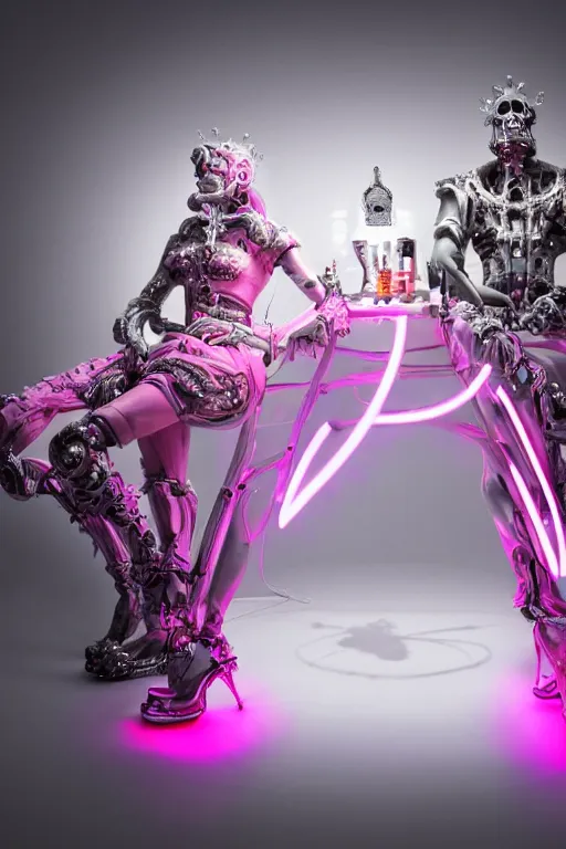 Image similar to full-body rococo and cyberpunk style neon statue of a young attractive portugues macho dotado android reclining sim roupa con piroca, glowing white laser eyes, prince crown of pink gears, diamonds, swirling silver-colored silk fabric. futuristic elements. full-length view. space robots. human skulls. intricate artwork by caravaggio. Trending on artstation, octane render, cinematic lighting from the right, hyper realism, octane render, 8k, depth of field, 3D