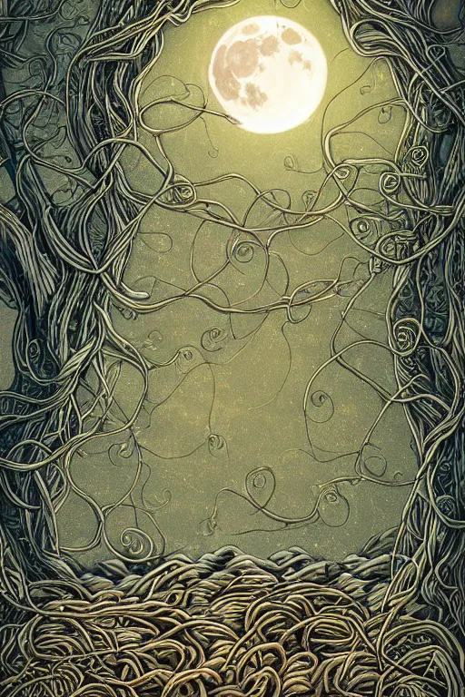 Image similar to a beautiful digital illustration painting of a detailed fantasy full moon and roots, throne chair and vines puffy clouds mystical skyby howard arkley. 8 k resolution trending on artstation concept art digital illustration