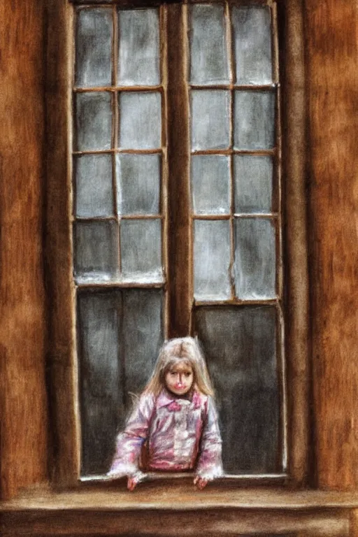 Prompt: girl in old wood house window, winter, photo realism