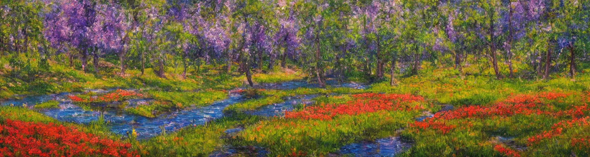 Image similar to an impressionist painting of a gorgeous meadow with a stream flowing through it surrounded by large mushrooms, psychedelic colors, trending on artstation,