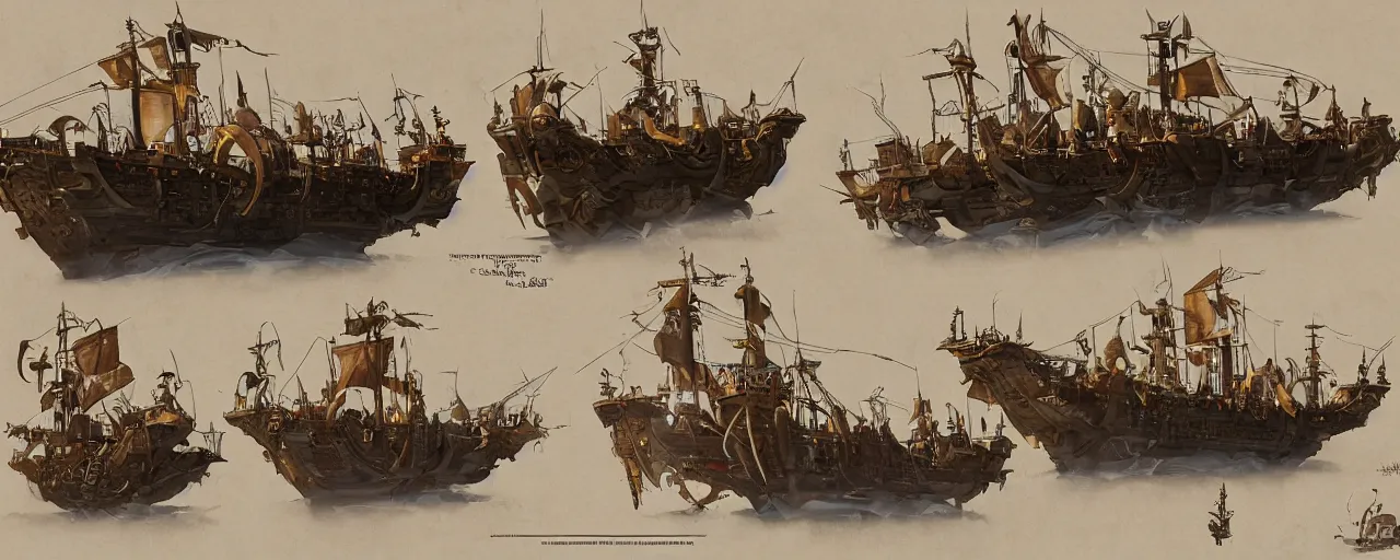 Image similar to schematic diagram of pirate ship, built, book, page, detailed, cross section, trending on artstation, cgsociety, Ralph McQuarrie and Greg Rutkowski