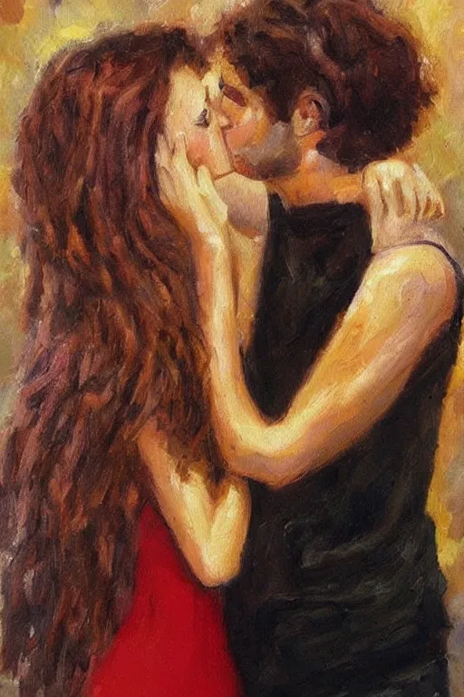 Image similar to man kisses girl beautiful harmony oil painting