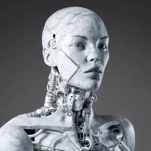 Image similar to a head and shoulders portrait of a female cyborg in her 20s, sculpture made of marble and aluminum, studio photography, cyberpunk lighting