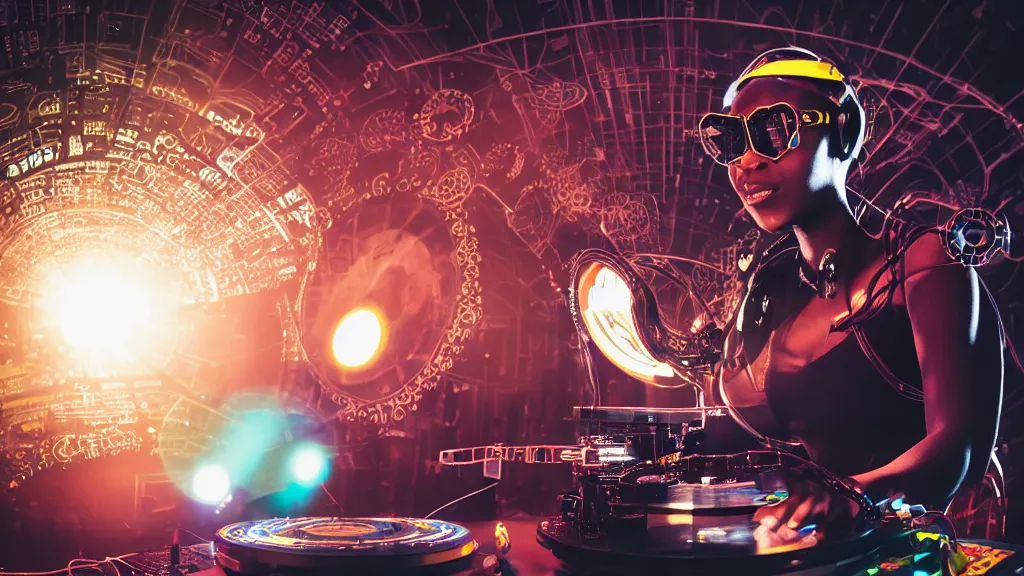 Prompt: a black woman wearing goggles and visor and headphones using an intricate clockwork record player turntable contraption, robot arms, turntablism dj scratching, intricate planetary gears, smoky atmosphere, cinematic, sharp focus, led light strips, bokeh, iridescent, black light, fog machine, hazy, lasers, spotlights, motion blur, color