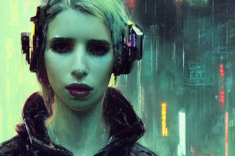 Image similar to detailed film still of portrait neon operator lady emma roberts in the movie blade runner, messy ponytail, cyberpunk futuristic, neon, reflective puffy coat, decorated with traditional japanese by ismail inceoglu dragan bibin hans thoma greg rutkowski alexandros pyromallis nekro, illustrated, perfect face, fine details, realistic shaded, fine - face, pretty face