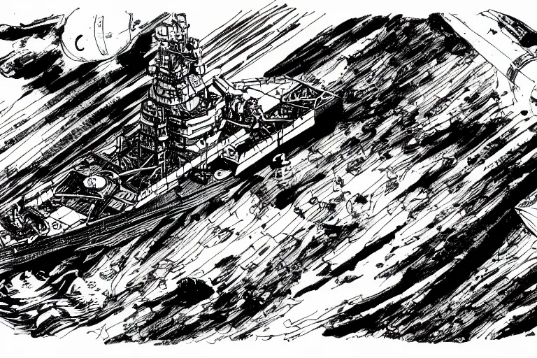 Prompt: space exploring battleship , beautiful line art, ink illustration, sketch, pure b&w