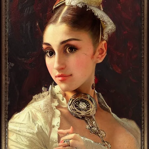 Image similar to Portrait of a steampunk Ariana Grande, elegant, mechanical, broad detail, facial details, vintage shading, by Ilya Repin