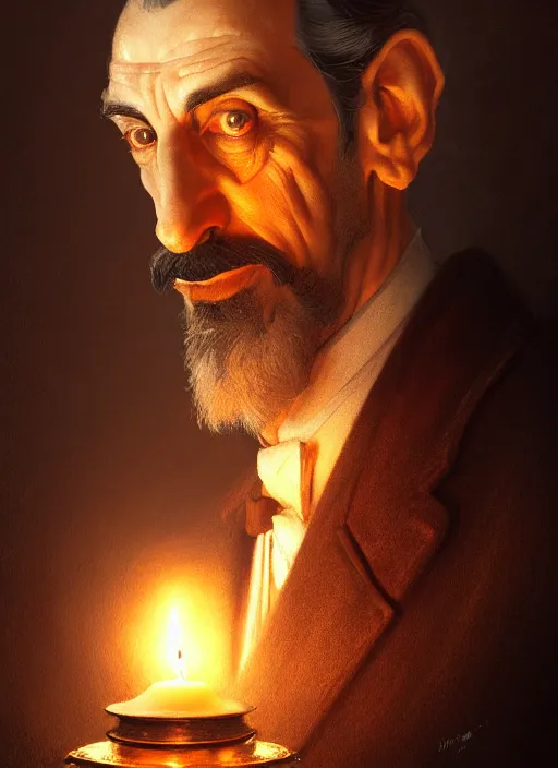 Image similar to portrait of havelock vetinari, discworld, intricate, elegant, candle light, highly detailed, digital painting, artstation, concept art, smooth, sharp focus, illustration, art by wlop, mars ravelo and greg rutkowski