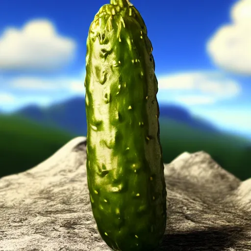 Image similar to A hyper realistic pickle standing on top of a mountain, scenic, realism, 8k,