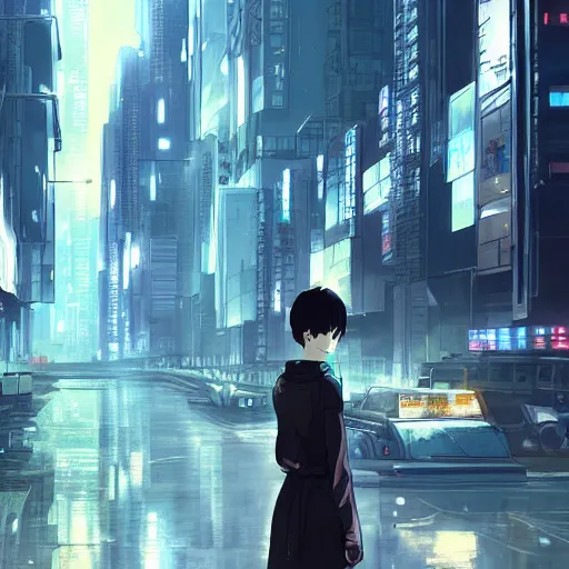 Prompt: android in an urban dystopia makoto shinkai
