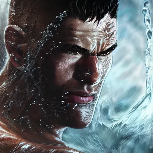 Image similar to photoshop photo edited by expert painting photorealistic shockingly amazing portrait of guts from berserk submerged in water ,extremely detailed, made by wlop and maxwell boas