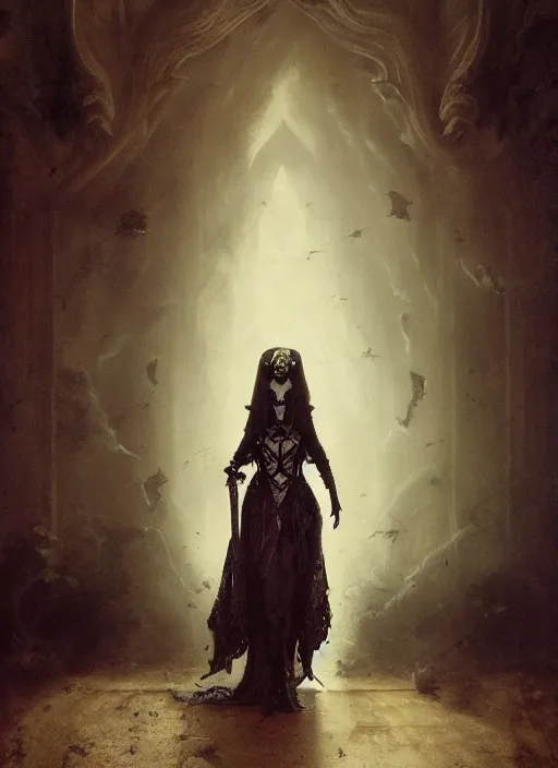 Image similar to hyper realistic photo of baroque dark goth queen ethereal ghost full body, rule of thirds, cinematic, greg rutkowski, brom, james gurney, mignola, craig mullins