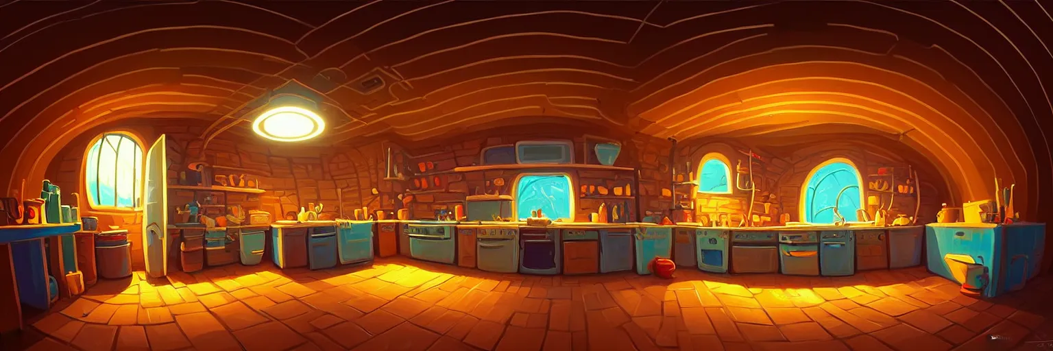 Prompt: underground, fisheye spiral lines, naive, extra narrow, detailed illustration of a basement kitchen, large floor, dimly lit by rhads from lorax movie, trending artstation, wood texture