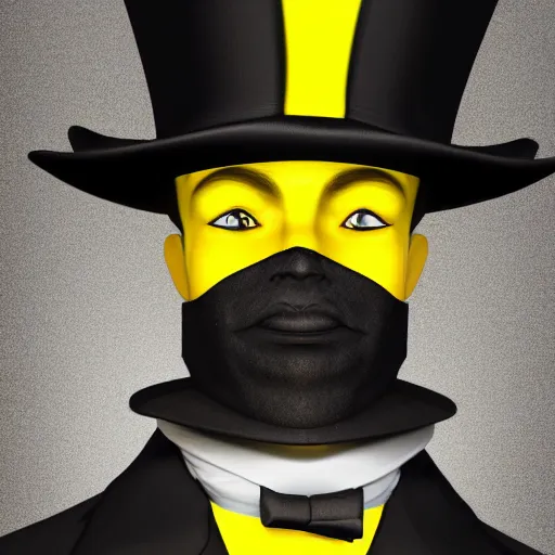 Image similar to a highly detailed portrait of a man in a high top hat covering his face, in a black tailcoat with a yellow waistcoat under the tailcoat, artstation, deviantart, professional, unreal engine 5, photorealistic