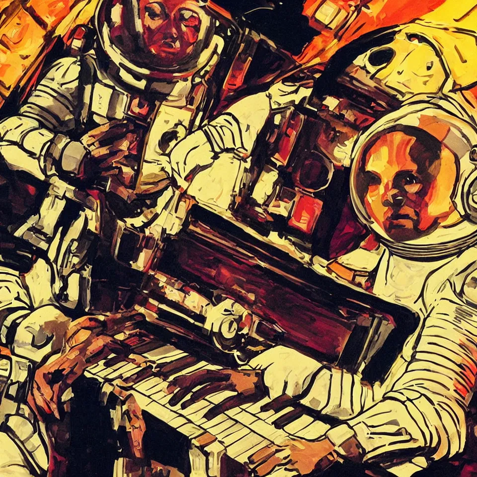 Image similar to portrait astronaut playing a keyboard by jack kirby, dynamic lighting, cinematic, epic composition, masterpiece