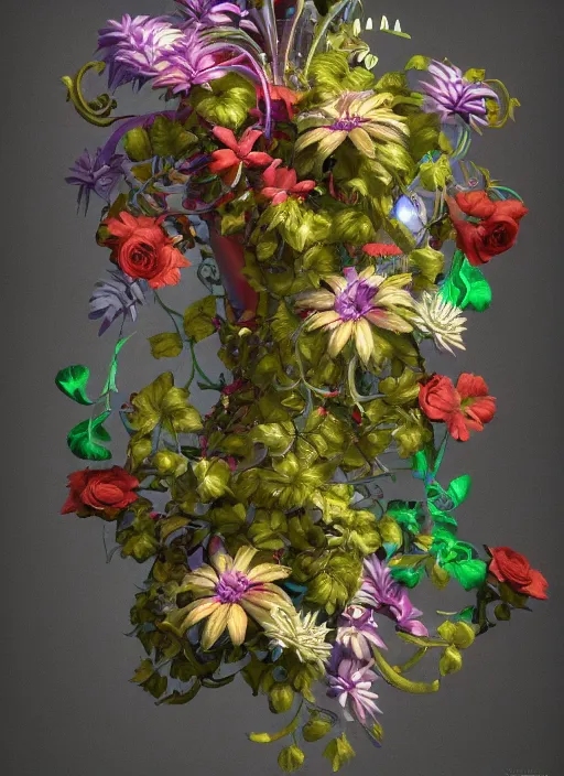 Image similar to a rainbow spaceship shooting intricate flowers and vines out of cannons. Painted by Michelangelo. Trending on Artstation, 8k, rendered in octane.