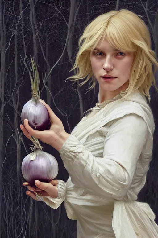 Prompt: beautiful cottagecore Boris Johnson holding a Black Onion, blonde Hair, dark forest, intricate, elegant, highly detailed, digital painting, artstation, concept art, smooth, sharp, focus, illustration, art by artgerm and greg rutkowski and alphonse mucha