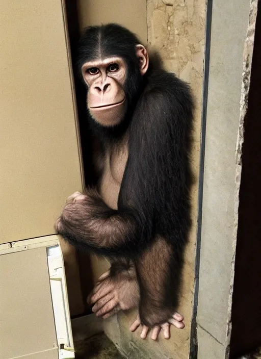 Image similar to uncanny hybrid human - ape, half human half ape inside fuse box in post communist apartment building