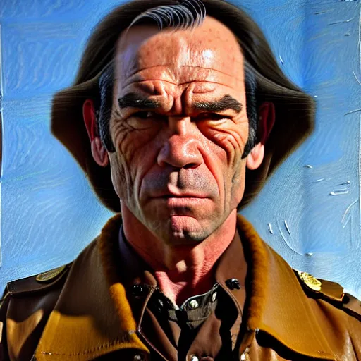 Prompt: portrait of tommy lee jones as sheriff ed tom bell in no country for old men. 7 0 s cowboy clothes and environment. flat colours. warm colours. oil painting by lucian freud. path traced, highly detailed, high quality, j. c. leyendecker, drew struzan tomasz alen kopera, peter mohrbacher, donato giancola