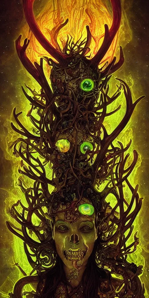 Prompt: intense glowing pagan fungus god with antlers and tentacles and intense glowing eyes and a mossy skull in very dark cosmic space by karol bak and artgerm and alphonse mucha, portrait, fantasy, clear, light beams, lens flare, intense, uhd, amazing depth, cinematic lighting, deep green and black and shining gold