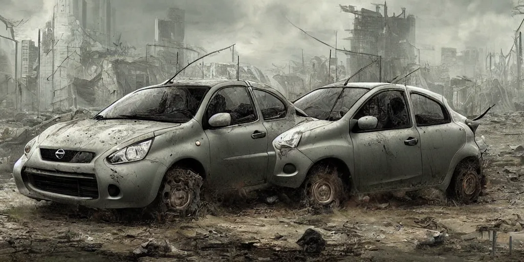 Prompt: a 2010 grey Nissan Micra in a post-apocalyptic environment, trending on ArtStation, painted by Ted Nasmith, environmental, overgrowth