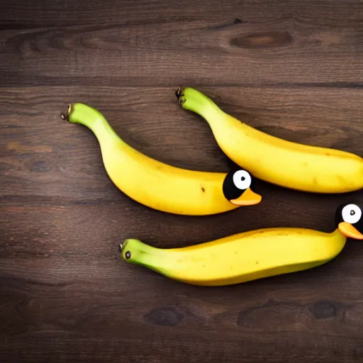 Image similar to professional photograph of banana ducks, peeled bananas with googly eyes and duck beaks