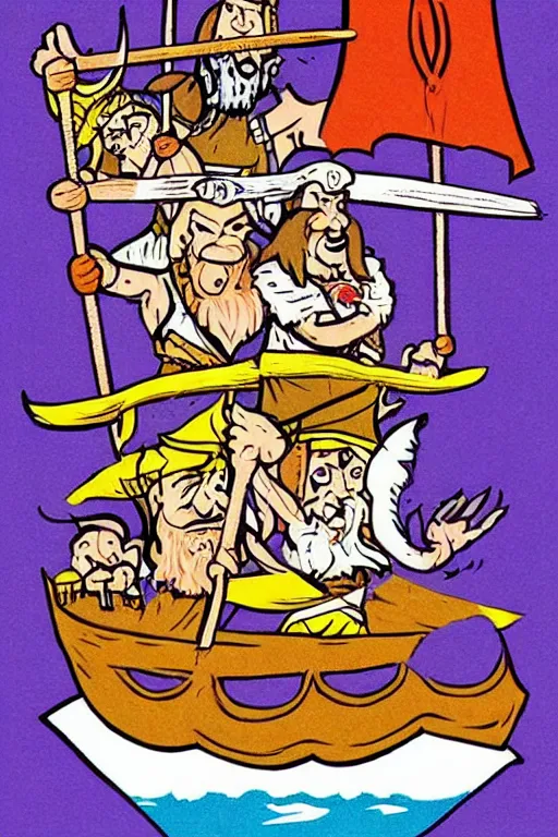 Image similar to “Poster of Vikings in a viking boat. Retro cartoon caricature.”