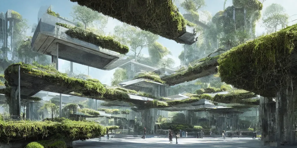 Image similar to concrete architecture with many walkways connecting the structures with moss and ivy growing all over, futuristic, late afternoon light, wispy clouds in a blue sky, by frank lloyd wright and greg rutkowski and ruan jia