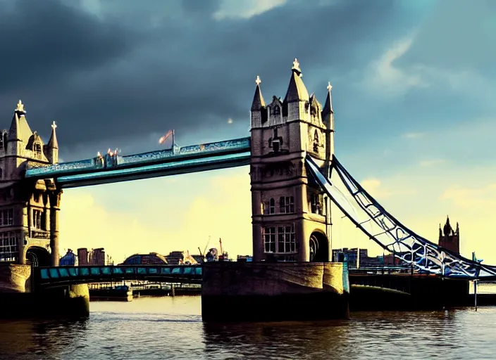 Prompt: beautiful london bridge in england, 8 k, matte painting, in the style of artist, ann stokes