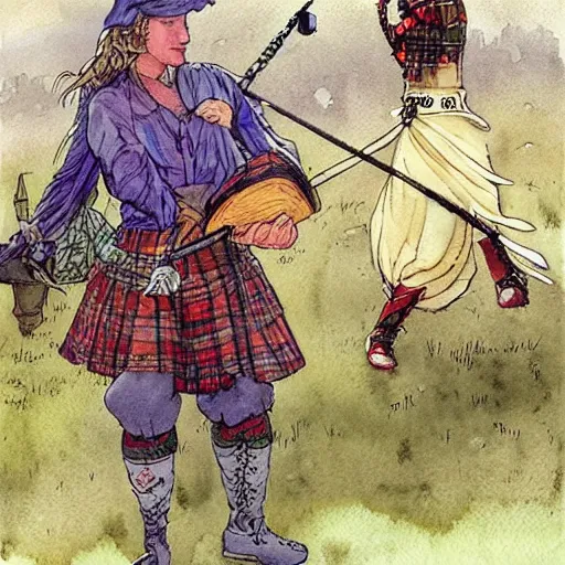 Image similar to a realistic and atmospheric watercolour fantasy concept art of britney spears dressed with scottish clothes and with bagpipe, muted colors. by rebecca guay, michael kaluta, charles vess and jean moebius giraud,