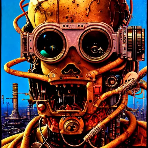 Prompt: junky in fluid acid, cybertronic gadgets and vr helmet, flesh + technology, durty colours, mid shot, rotten textures, rusty shapes, biotechnology, norman rockwell, tim hildebrandt, wayne barlow, bruce pennington, larry elmore, oil on canvas, deep depth field, masterpiece, cinematic composition, hyper - detailed, hd, hdr
