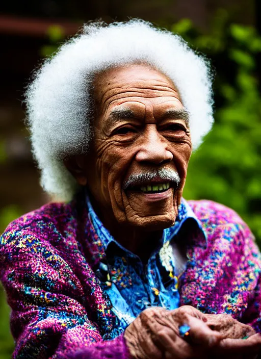 Image similar to DSLR photo portrait still of 77 year old age 77 Jimmy Hendrix at age 77!!!, 85mm f1.8