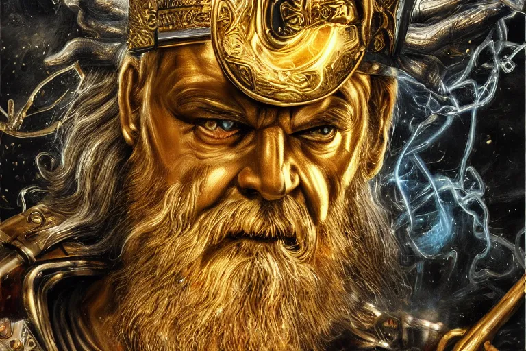 Prompt: mythological angry odin all father supreme God of thunder and smithing and artificial intelligence creating an artificial neural network with gold synapses on an anvil with his mighty hammer, high resolution, award winning art, trending on art station, sharp image, incredibly detailed, detailed character, realistic painting, hyper-realistic painting, coherent painting