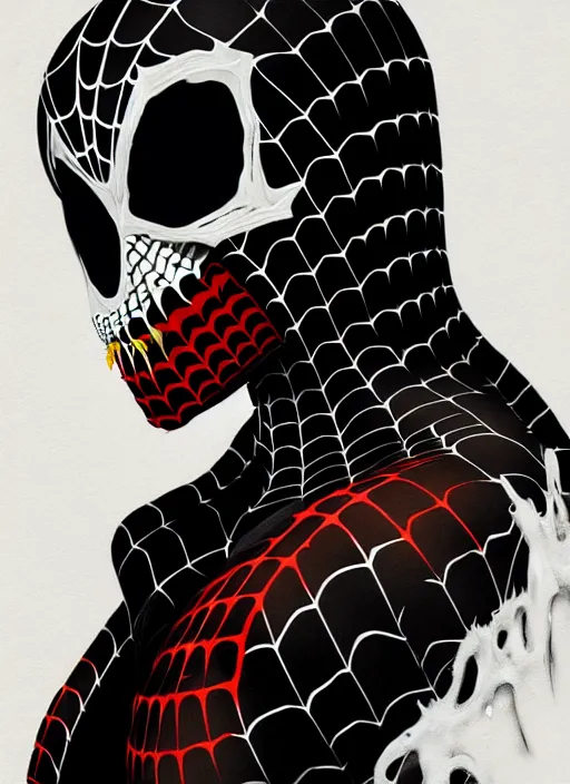 Prompt: highly detailed closeup portrait of a cyborg venom symbiote in spiderman suit with skeleton skull face,, black parka by atey ghailan, by greg rutkowski, by greg tocchini, by james gilleard, by joe fenton, by kaethe butcher, gradient, yellow, black, brown and white color scheme, grunge aesthetic!!! white graffiti tag wall background
