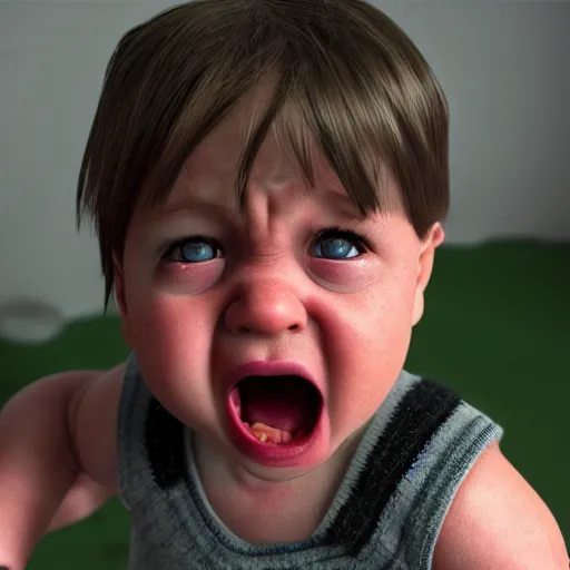 Image similar to an angry toddler, photorealistic, highly detailed, soft lighting, cinematic