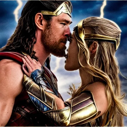 Prompt: chris hemsworth as thor, and gaul gadot as wonder woman, romantic movie scene, kissing, making out, photo