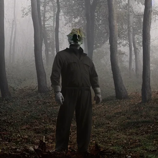 Image similar to He still image of Michael Myers in the woods foggy very detailed 4K quality super realistic