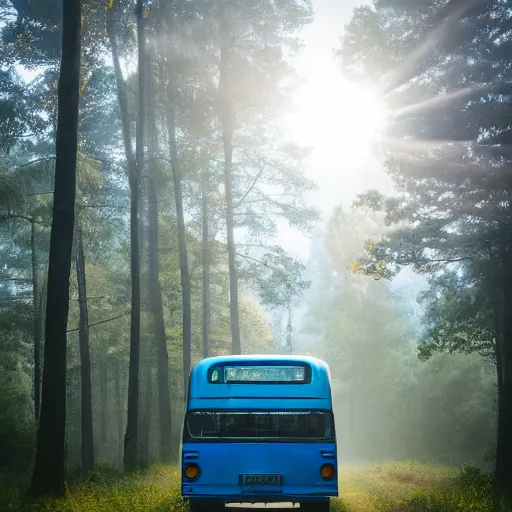 Prompt: blue bus in misty forest scene, the sun shining through the trees