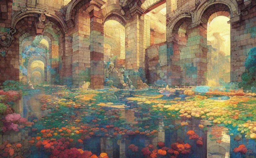 Image similar to tiled room squared waterway, aqueducts, fantasy. intricate, amazing composition, colorful watercolor, by ruan jia, by maxfield parrish, by marc simonetti, by hikari shimoda, by robert hubert, by zhang kechun, illustration, gloomy