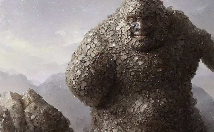 Image similar to a golem made from translucent crystals, high in the mountains, greg rutkowski, 8 k, shallow depth of field, intricate detail, concept art,