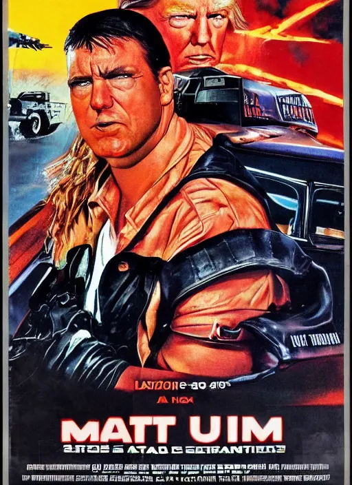 Prompt: an 8 0's john alvin action movie poster starring donald trump mad max. explosions