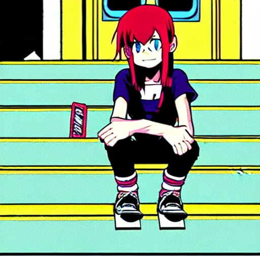 Image similar to skater girl sitting on steps by scott pilgrim, by bryan lee o'malley, tank girl, muted colors anime