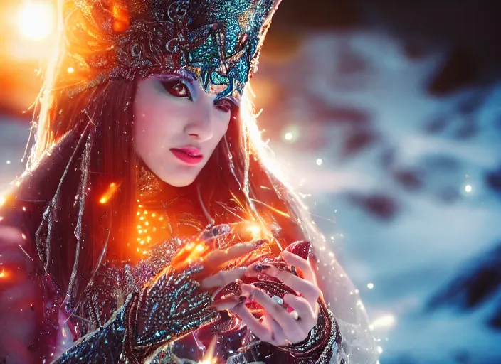 Image similar to closeup of a very good looking fantasy sorceress wearing amazing detailed clothes, holding magical glowing energy in her hands!!!! in the moonlit mountains, dramatic lighting, lens flare, 3 5 mm f 1. 2, professional photography, kodak ektar