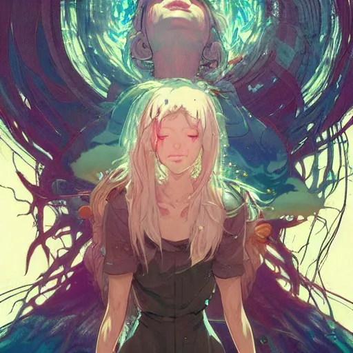 Image similar to god covered in bleach, with rhinestone eyes, covered in paralytic dreams, future pixels, illustration trending on artstation, anime. by hayao miyazaki and rossdraws and artgerm and greg rutkowski and alphonse mucha and studio ghibli and ilya kuvshinov. high quality, stunning, intricate detailed environment. 8 k