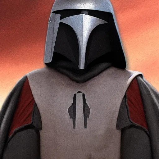 Image similar to a robed, hooded jedi knight wearing a mandalorian mask, concept art